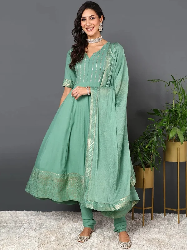 Ahika Women Green Silk Blend Solid Woven Design Kurta Churidar With Dupatta-PKSKD2153_S