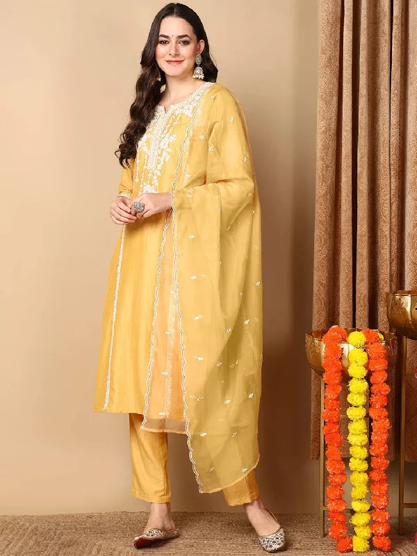 Ahika Women Yellow Silk Blend Embroidered Straight Kurta Pant Set With Dupatta-PKSKD2015_S