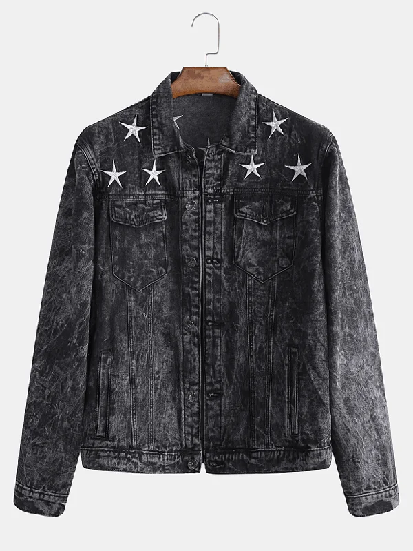 Men'S Fashion Print Pocket Decoration Casual Washed Denim Jacket