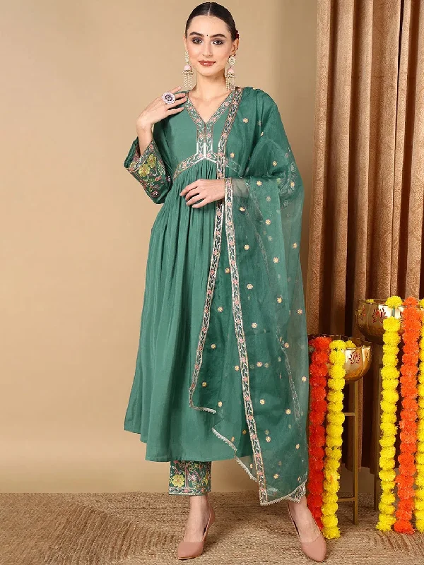 Ahika Women Sea Green Silk Blend Solid Embroidered Kurta Trouser With Dupatta