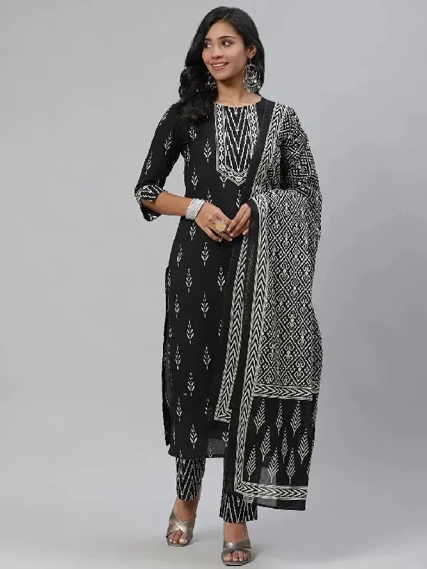 Ahika Women Black Cotton Printed Straight Kurta Pant Set-VKSKD1219_L