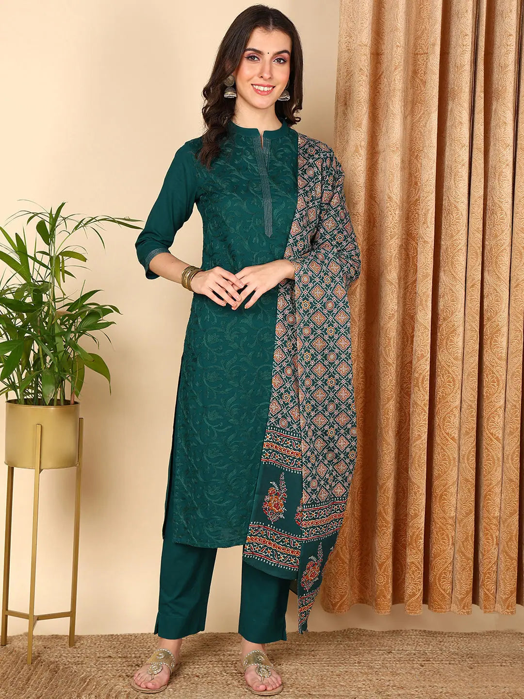 Ahika Women Teal Pure Cotton Solid Embroidered Kurta Trouser With Dupatta