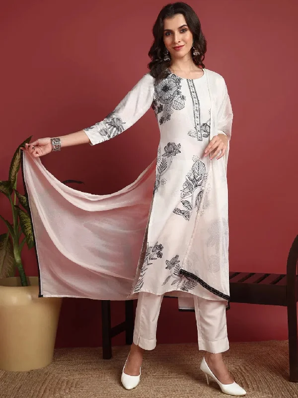 Ahika Polyester Floral White Indian Ethnic-PKSKD2449_XS