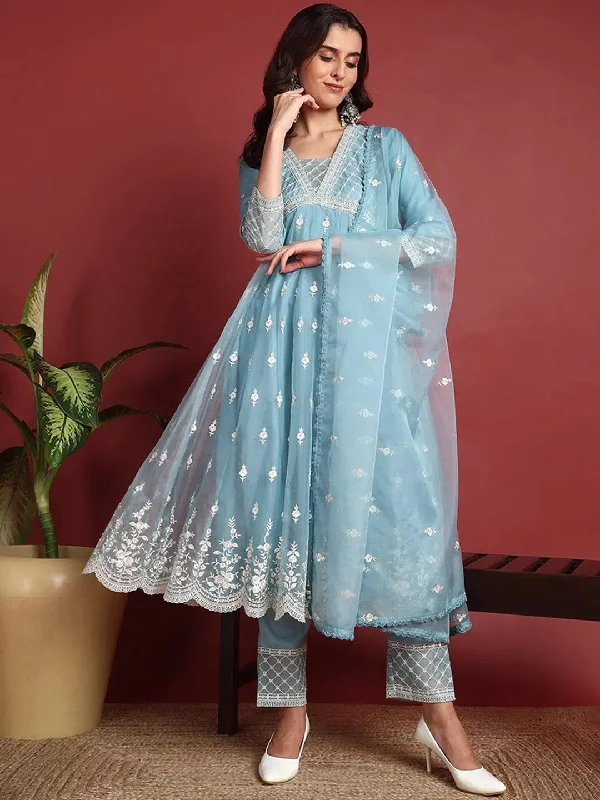 Ahika Organza Solid Blue Indian Ethnic-PKSKD2400_S