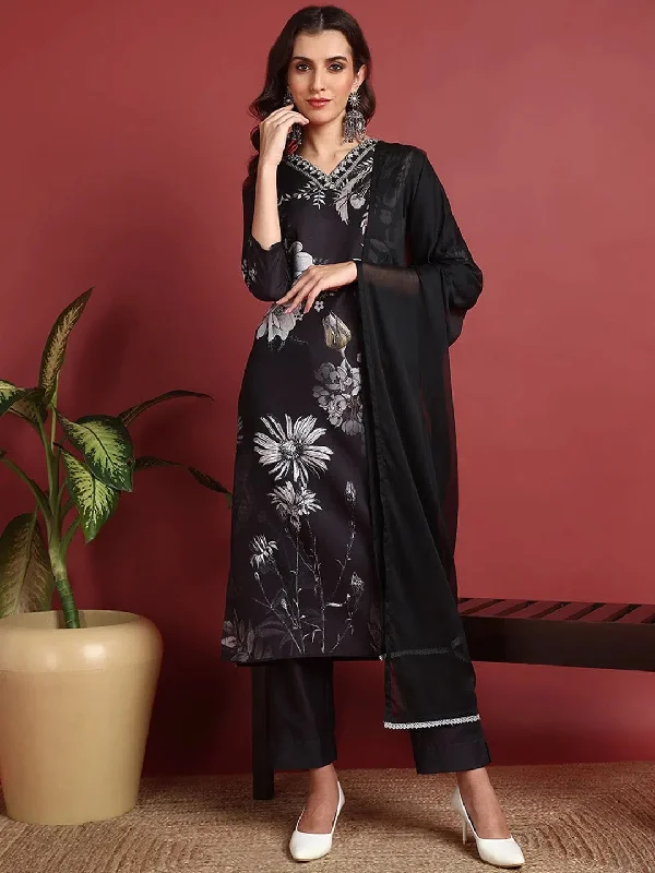 Ahika Polyester Floral Black Indian Ethnic-PKSKD2446_XS