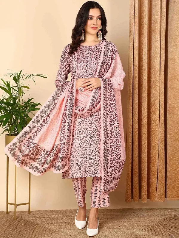 Ahika Women Pink Silk Blend Printed Straight Kurta Pant Set