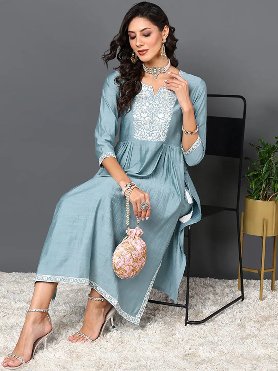 Ahika Women Blue Silk Blend Solid Embroidered Kurta with Trouser