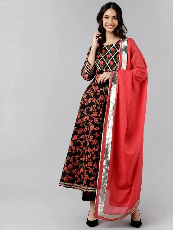 Ahika Women Black Cotton Printed Anarkali Kurta Pant Set With Dupatta