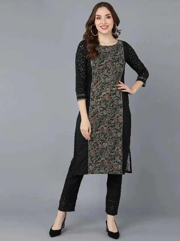 Ahika Women Black Cotton Printed Straight Kurta Pant Set-VKSET1313_XS