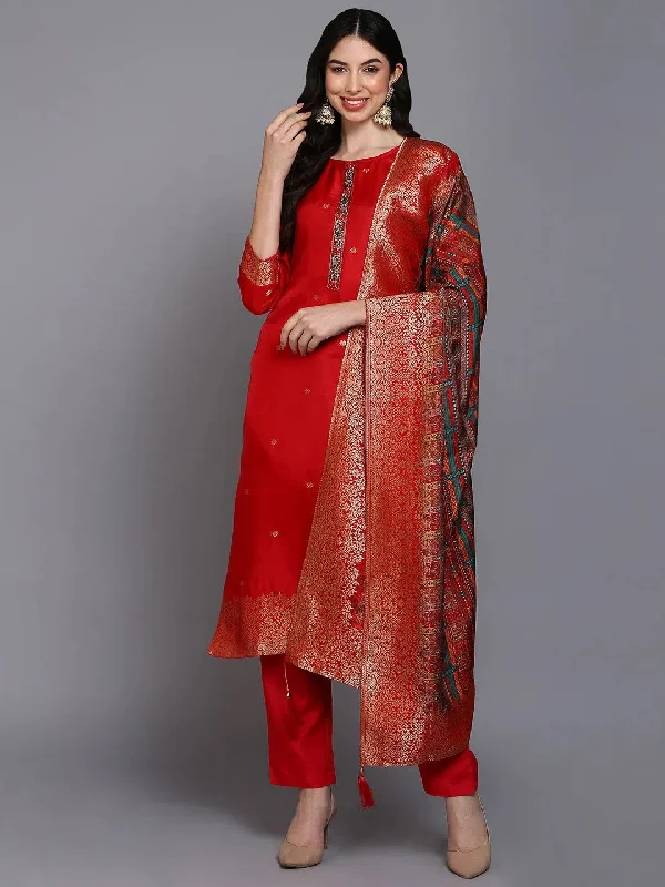 Viscose Rayon Red Embroidered Straight Kurta Pant