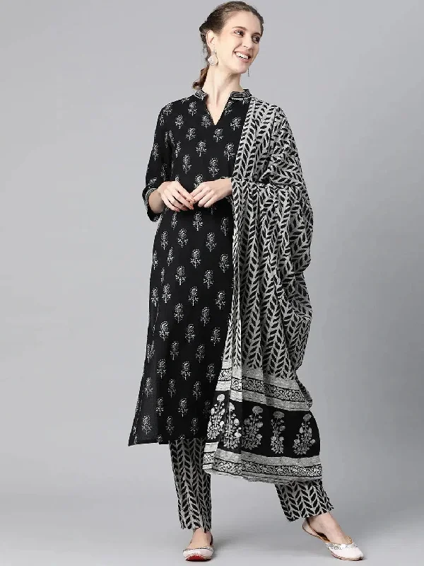 Ahika Women Black Rayon Blend Printed Straight Kurta Pant Set-VKSKD1182_XS