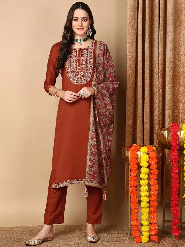 Ahika Women Rust Silk Blend Embroidered Straight Kurta Pant Set With Dupatta-PKSKD1839A_XS