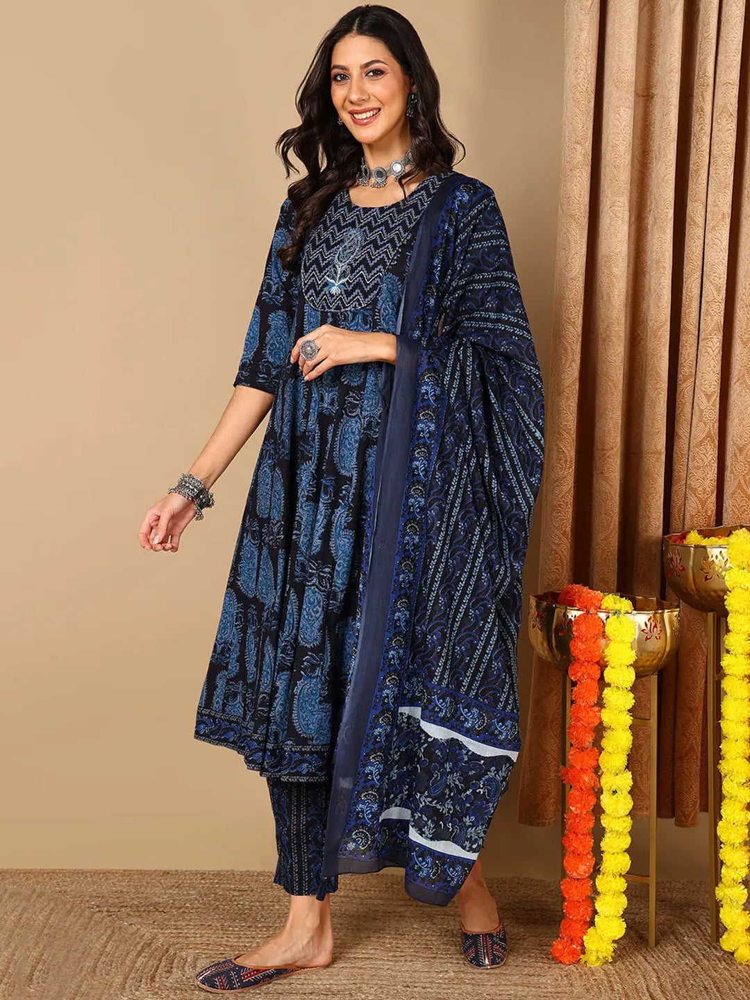 Ahika Women Blue Pure Cotton Ethnic Motifs Printed Yoke Design Kurta Trouser With Dupatta-VKSKD2056_M