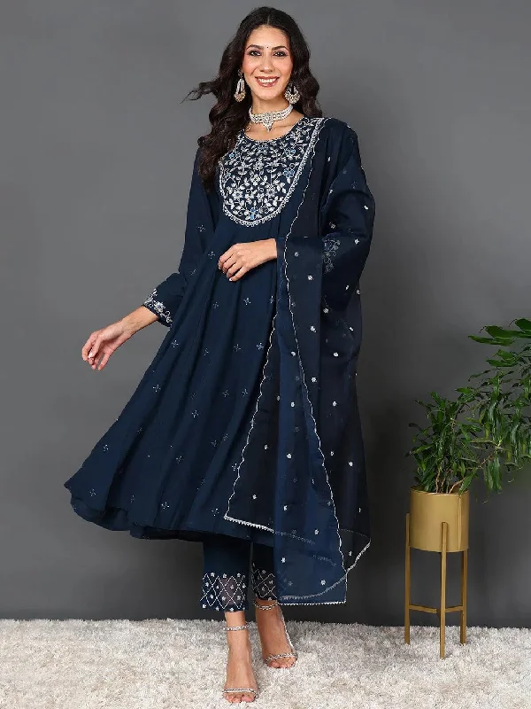 Ahika Women Blue Georgette Solid Yoke Design Kurta Trouser With Dupatta