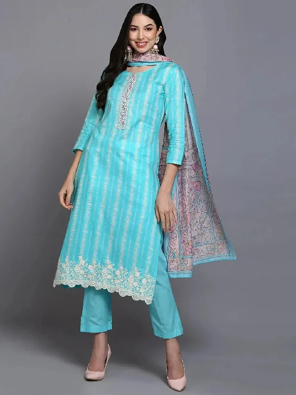 Ahika Women Turquoise Blue Rayon Printed Straight Kurta Pant Set