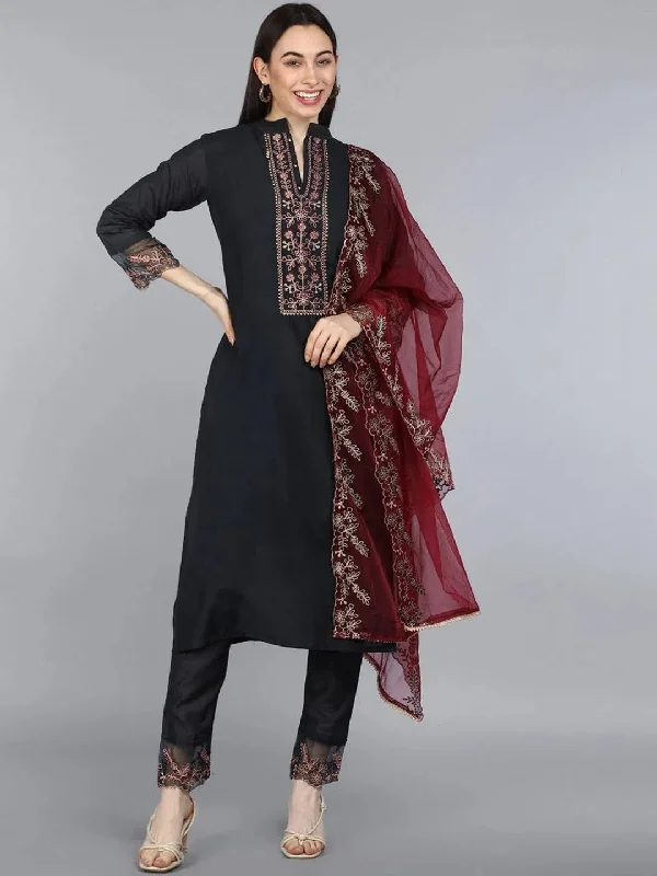 Ahika Women Black Poly Silk Embroidered Straight Kurta Pant Set With Dupatta-PKSKD1140_3XL