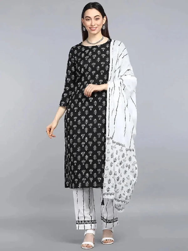 Ahika Women Black Cotton Printed Straight Kurta Pant Set-VKSKD1320_L