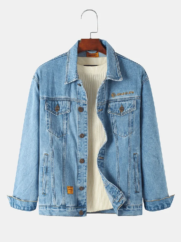 Men Vintage Multi Pocket Lapel Long Sleeve Blue Denim Jacket