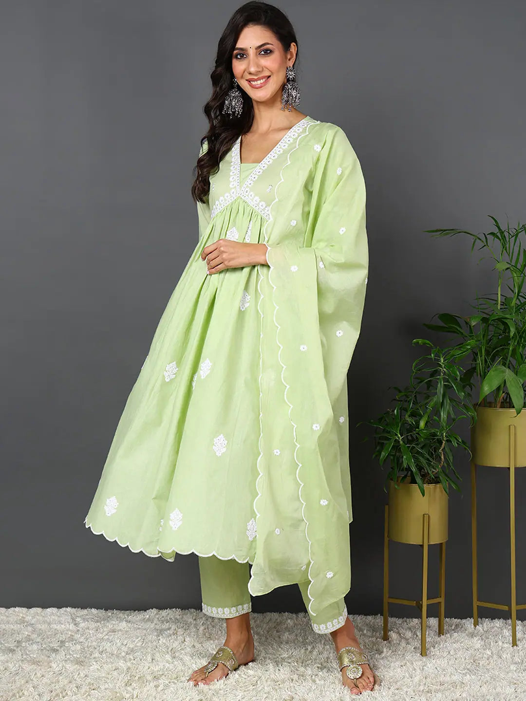 Ahika Women Green Pure Cotton Solid Embroidered Kurta Trouser With Dupatta