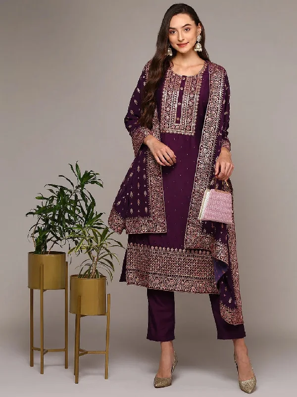 Ahika Women Purple Silk Blend Solid Straight Suit Set PKSKD2004