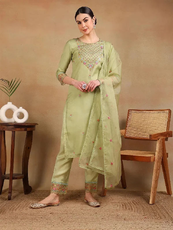 Ahika Women Green Organza Embroidered Straight Kurta Pant Set With Dupatta-PKSKD2341_S