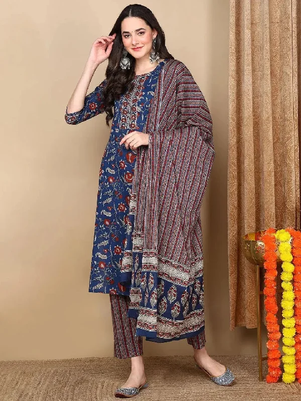 Ahika Women Navy Blue Cotton Printed Straight Kurta Pant Set-VKSKD2105_M