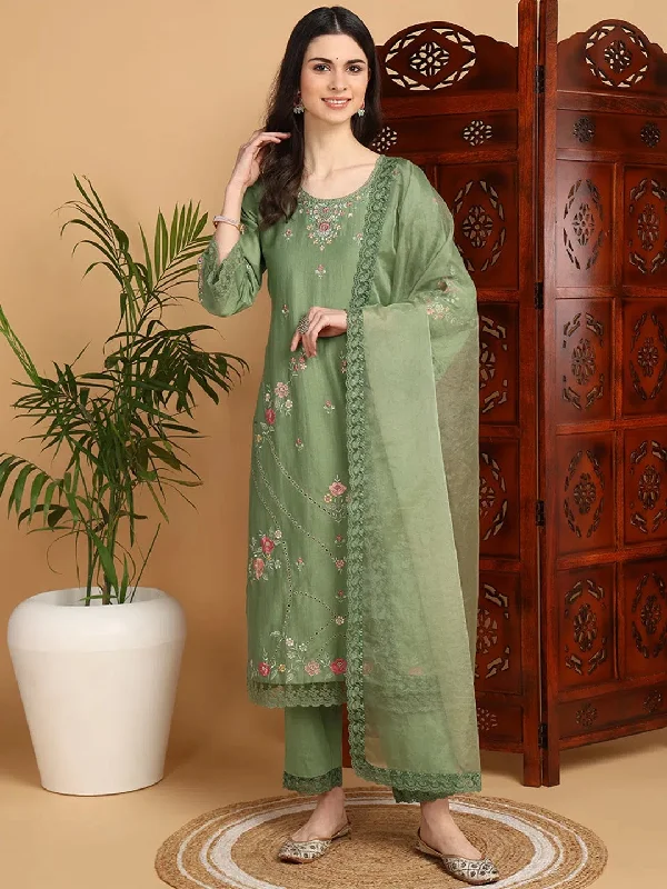 Ahika Women Green Silk Blend Embroidered Straight Kurta Pant Set With Dupatta-PKSKD2238_S