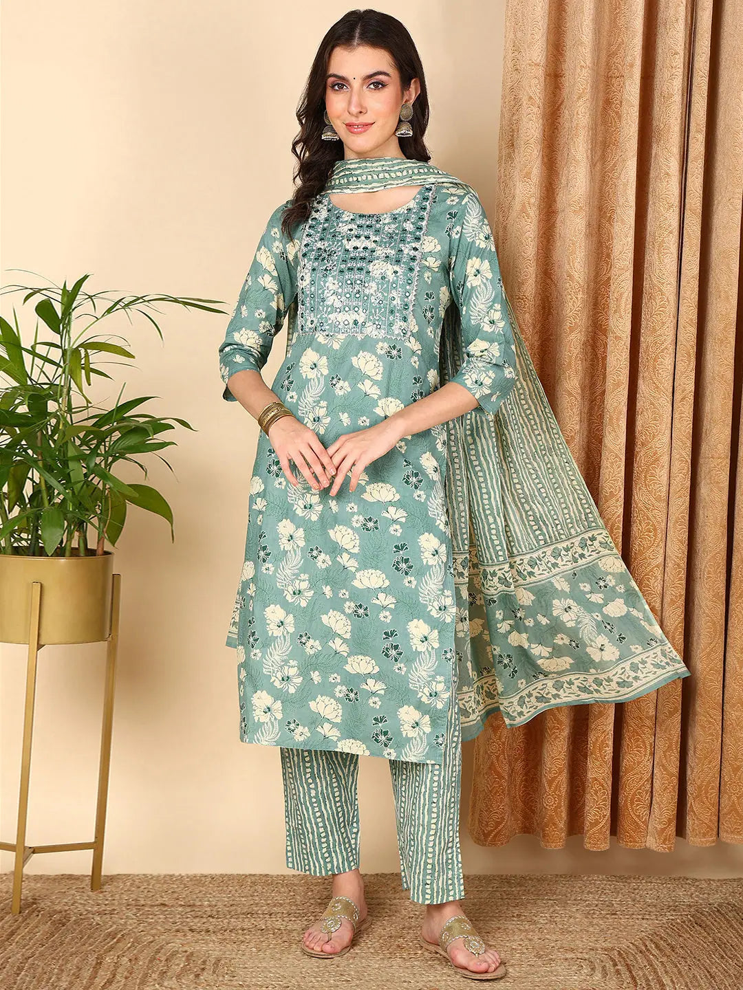 Ahika Women Sea Green Pure Cotton Floral Printed Yoke Design Kurta Trouser With Dupatta