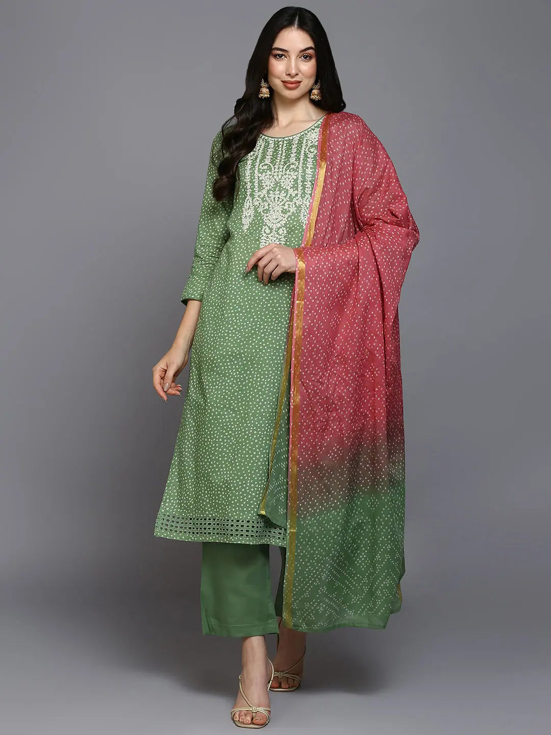 Cotton Green Embroidered Straight Kurta Pant With-VKSKD1874_XS