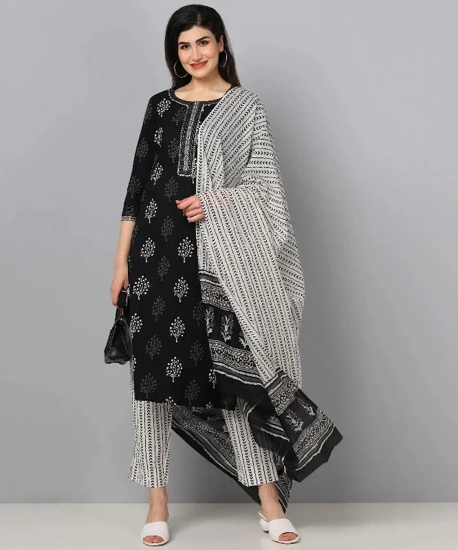 Ahika Women Black Cotton Printed Straight Kurta Pant Set-VKSKD1025_L