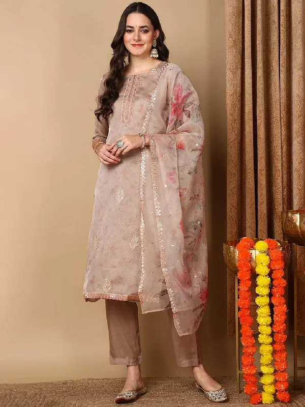 Ahika Women Beige Organza Embroidered Straight Kurta Pant Set With Dupatta-PKSKD2104_S