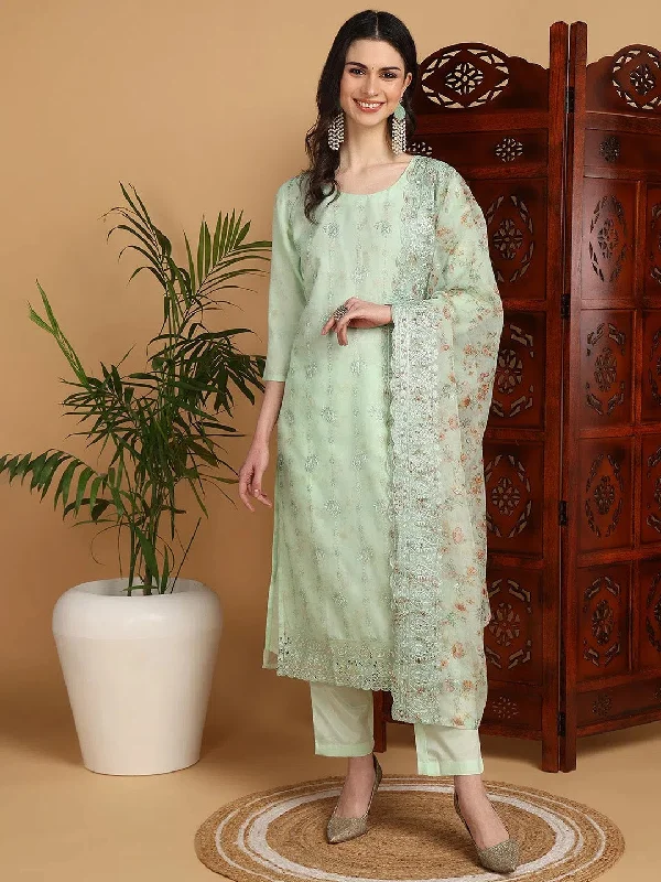 Ahika Women Green Organza Embroidered Straight Kurta Pant Set With Dupatta-PKSKD2093_XS