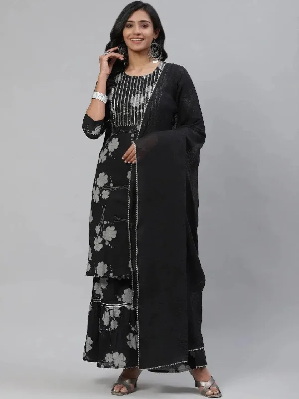 Ahika Women Black Cotton Printed Straight Kurta Palazzo Set-VKSKD1215_L