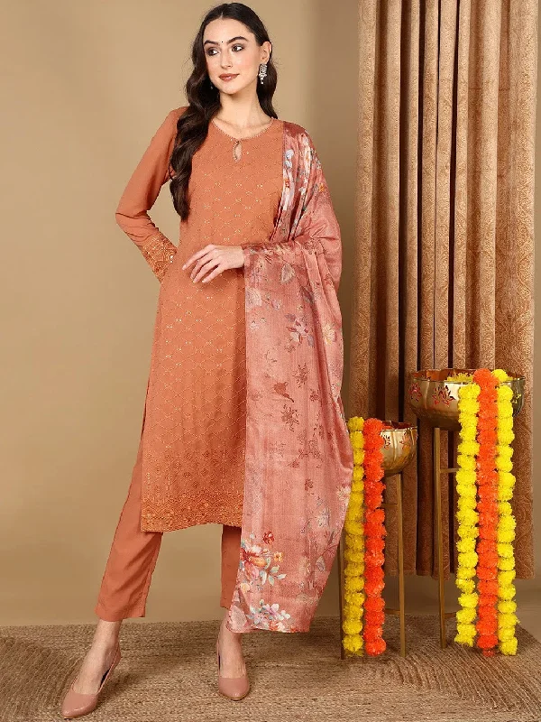 Ahika Women Orange Georgette Embroidered Straight Kurta Pant Set With Dupatta