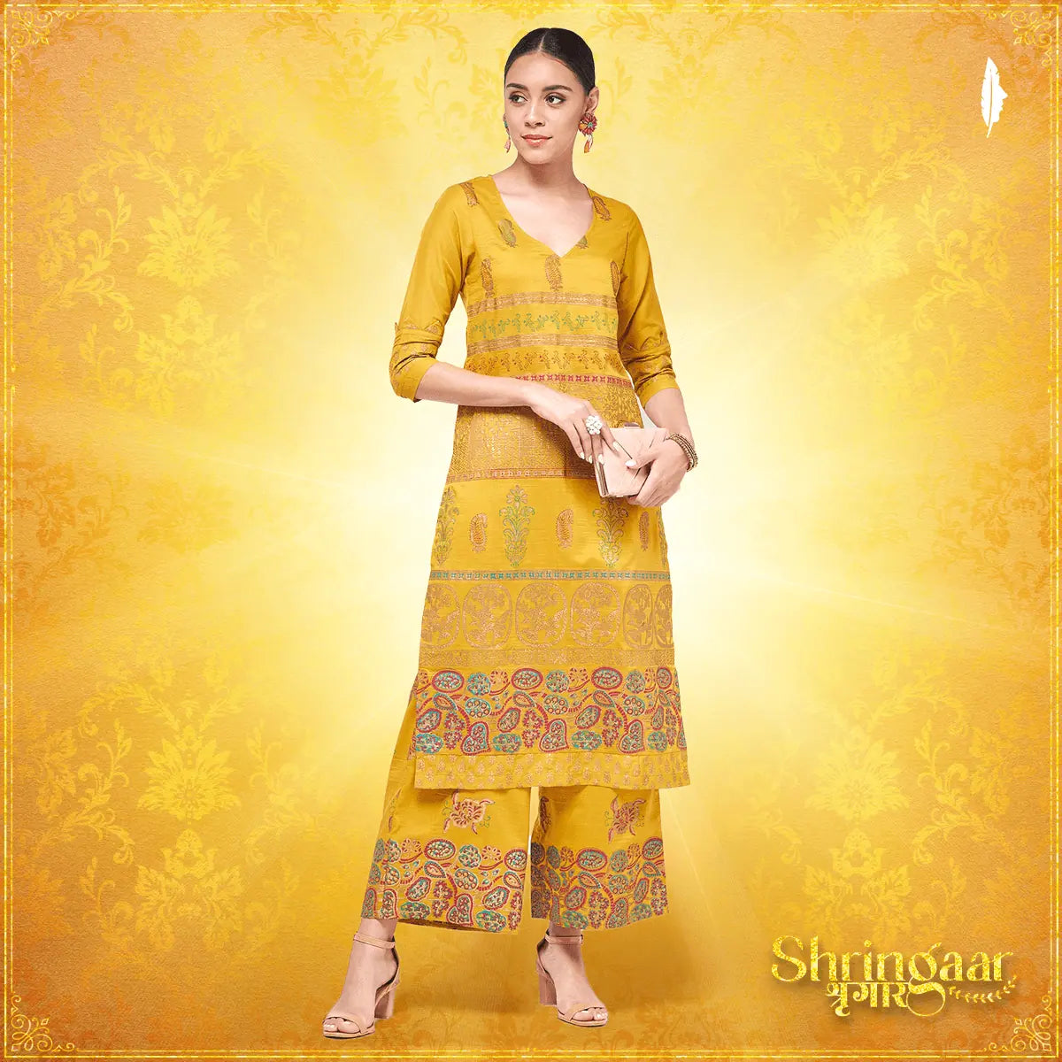 Shringaar Mustard V-Neck Block Printed Festive Kurta With Palazzo