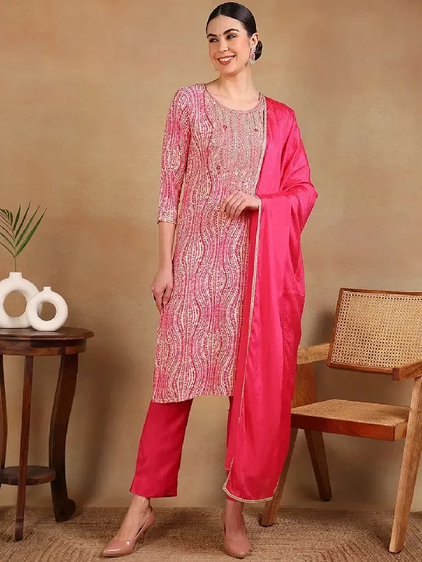 Ahika Women Pink Cotton Blend Embroidered Straight Kurta Pant Set