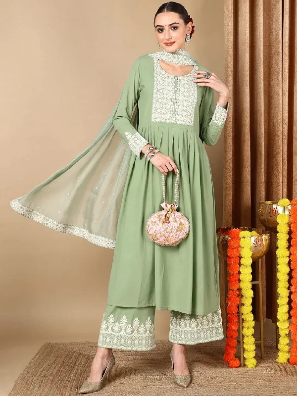 Ahika Women Green Georgette Solid Embroidered Kurta Palazzo With Dupatta