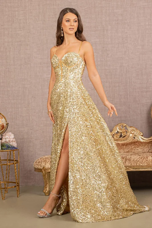 Long Spaghetti Strap Sequin Prom Gown