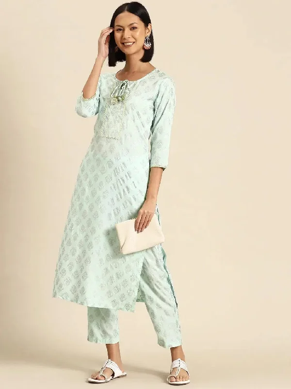 Kurta Pyajama with gota work in Powder Blue Print