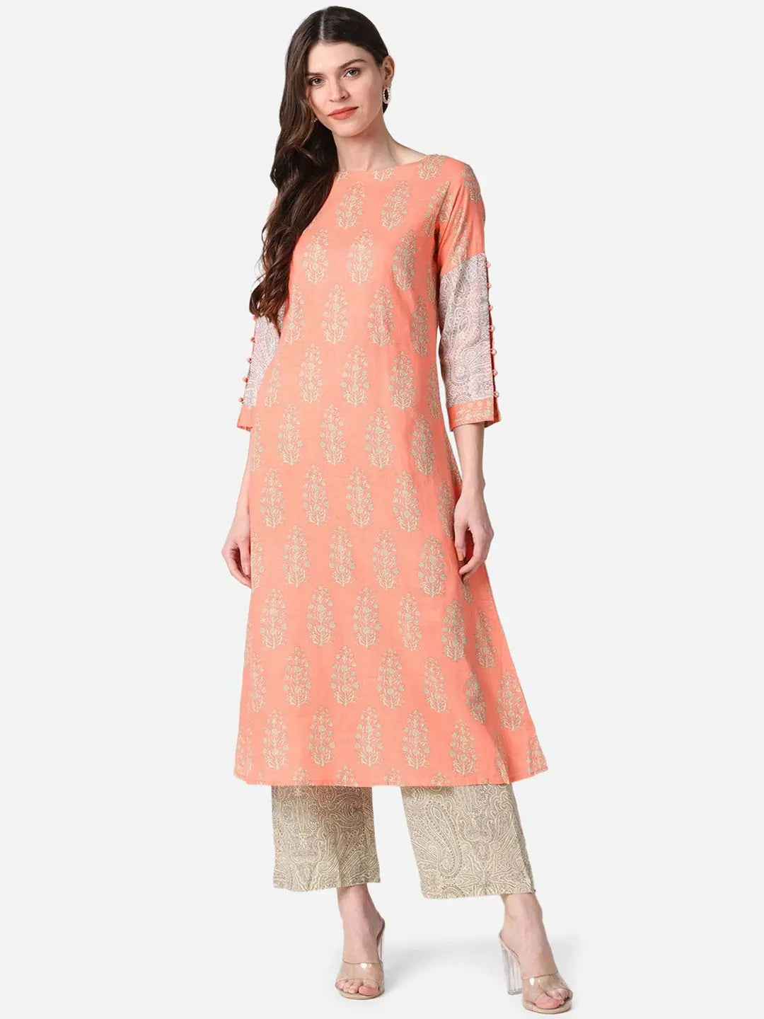 Ahika Women Peach Printed Striaght Kurta with Palazzos