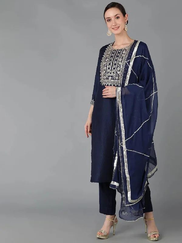 Ahika Women Navy Blue Polyester Embroidered Straight Kurta Pant Set With Dupatta-PKSKD1284A_XL