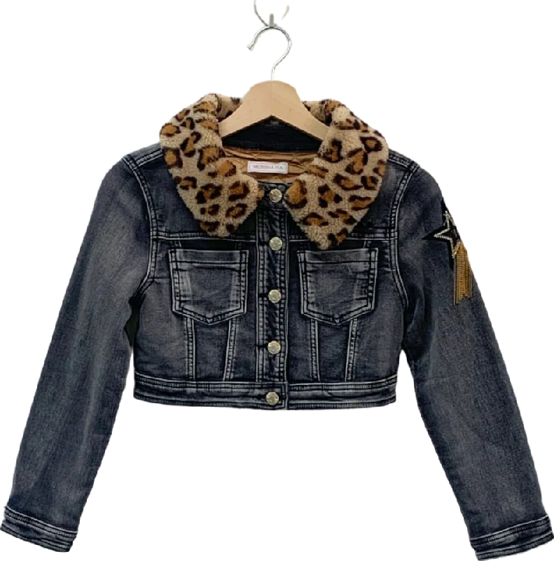 Monnalisa Grey Denim Jacket with Leopard Print Fur Collar SZ  140cm 10 years