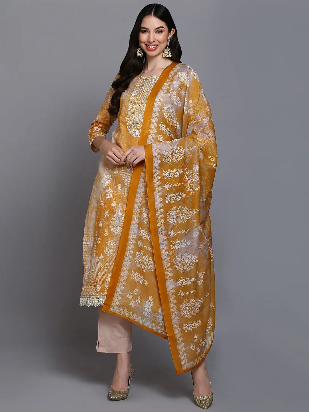 Cotton Taupe Printed Straight Kurta Pant With