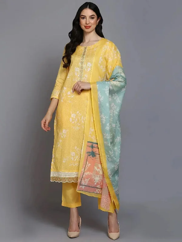 Ahika Women Yellow Cotton Blend Printed Straight Kurta Pant Set