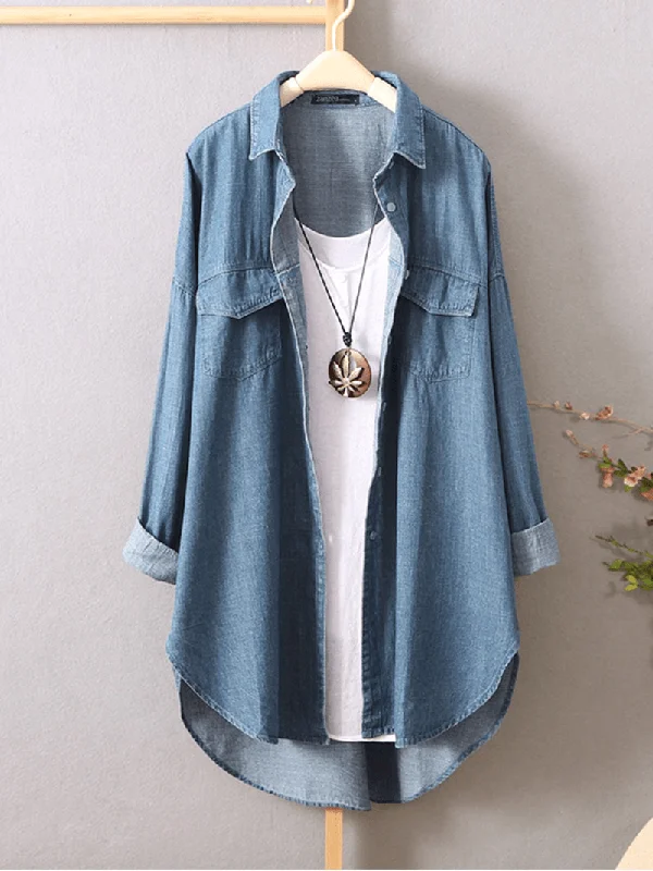 Women Long Sleeve Button down Shirts Casual Loose Denim Blouse