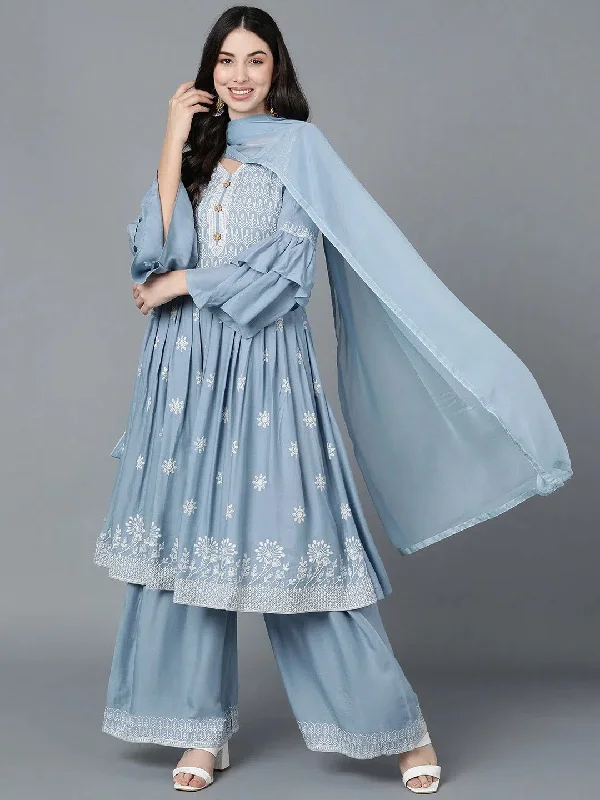 Ahika Women Blue Poly Silk Embroidered Anarkali Kurta Sharara Set With Dupatta