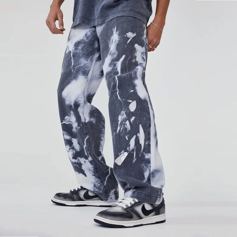 European and American Trend High Street Washed Tie-Dye Printed Denim Trousers for Men