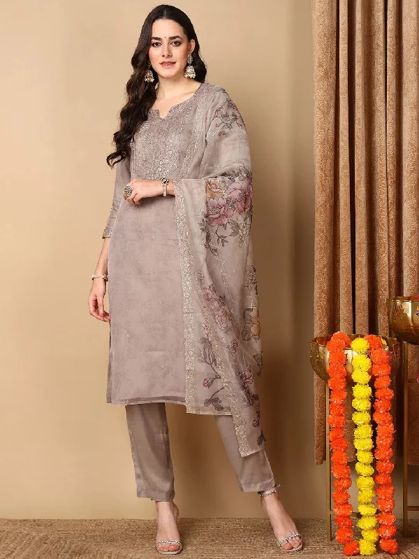 Ahika Women Beige Organza Embroidered Straight Kurta Pant Set With Dupatta-PKSKD2105_S