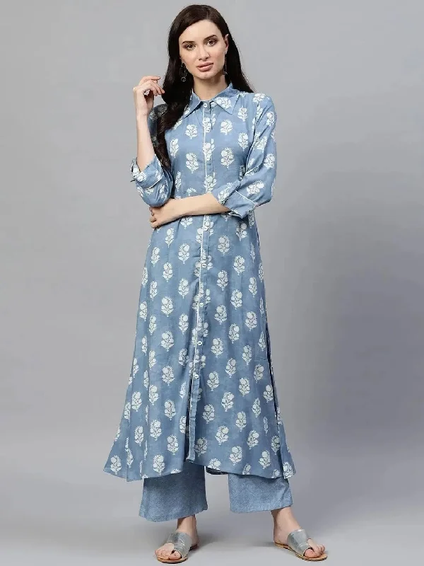 Ahika Women Blue Cotton Printed A-Line Kurta Palazzo Set