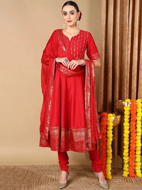 Ahika Women Red Silk Blend Solid Woven Design Kurta Churidar With Dupatta-PKSKD2052_S